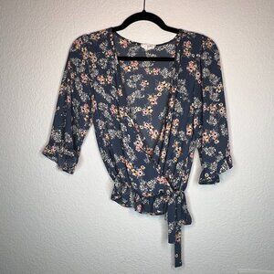 Sienna Sky Faux Wrap Blue Floral 3/4 Sleeve Crop Top